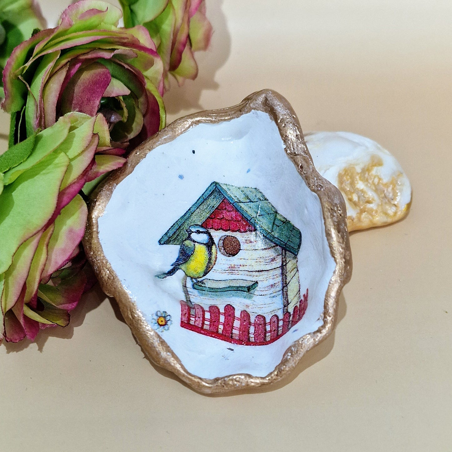 Blue Tit Bird House Small Oyster Shell Trinket Dish