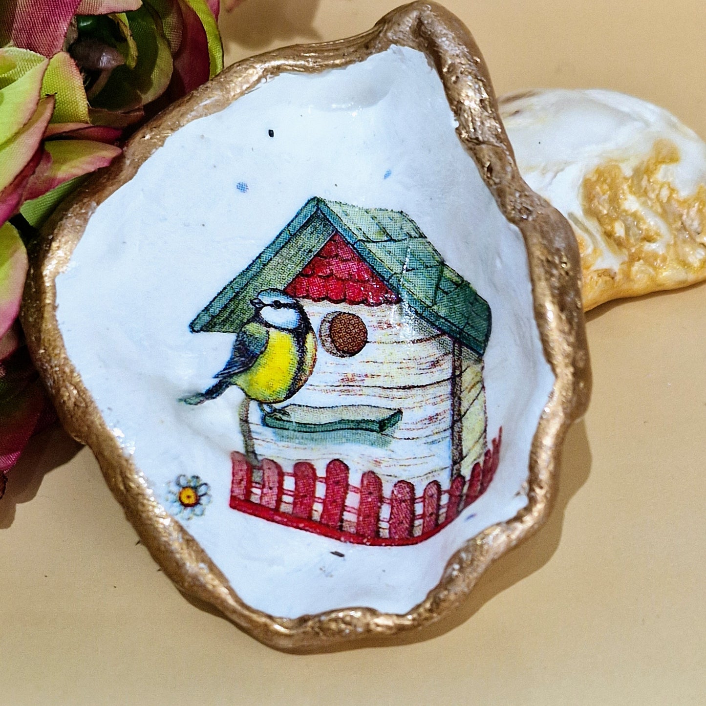 Blue Tit Bird House Small Oyster Shell Trinket Dish
