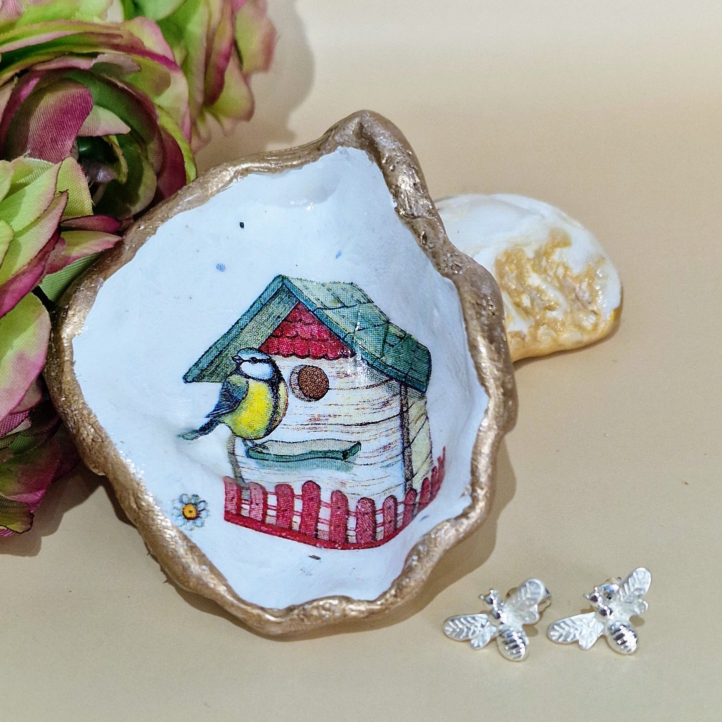 Blue Tit Bird House Small Oyster Shell Trinket Dish