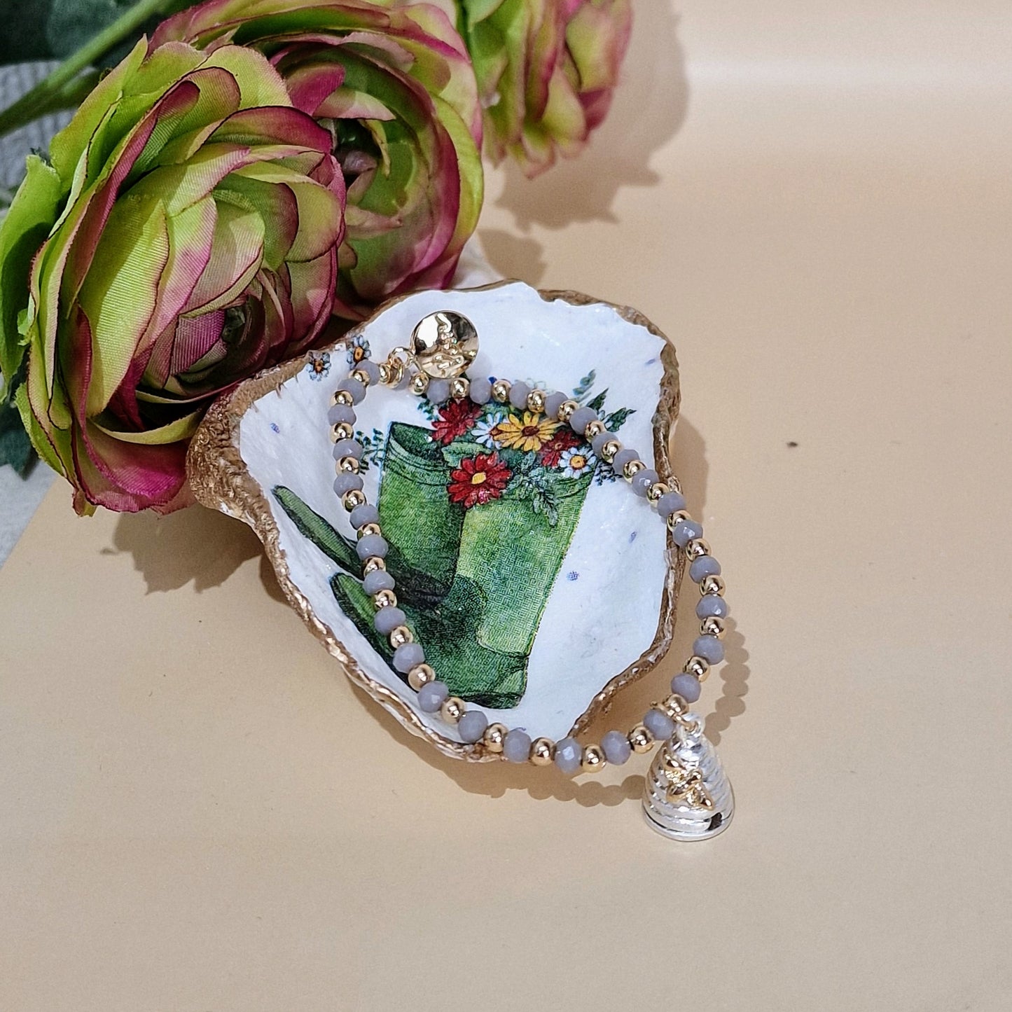 Wellington Boots Garden Flowers Small Oyster Shell Trinket Dish