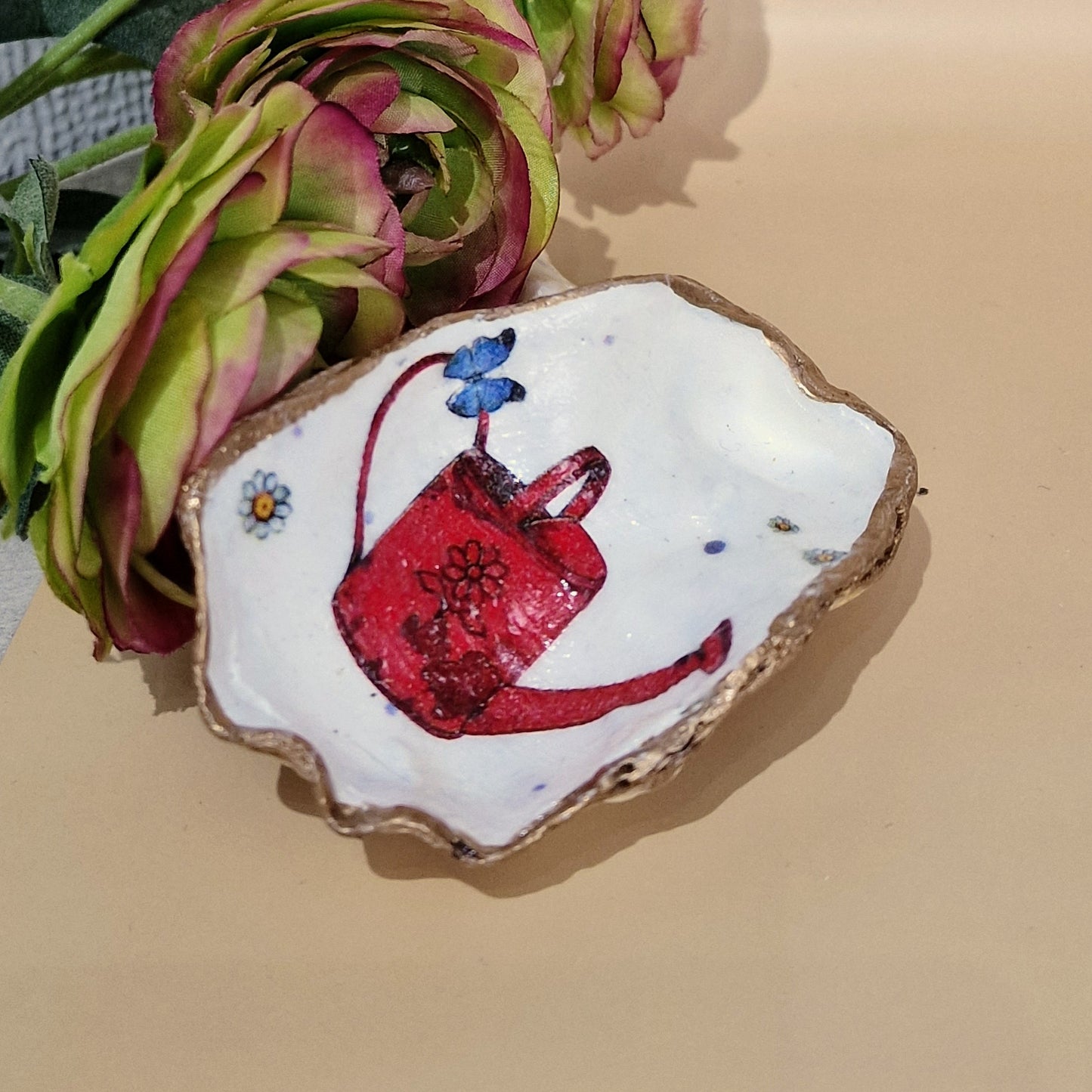 Red Watering Can Garden Small Oyster Shell Trinket Dish
