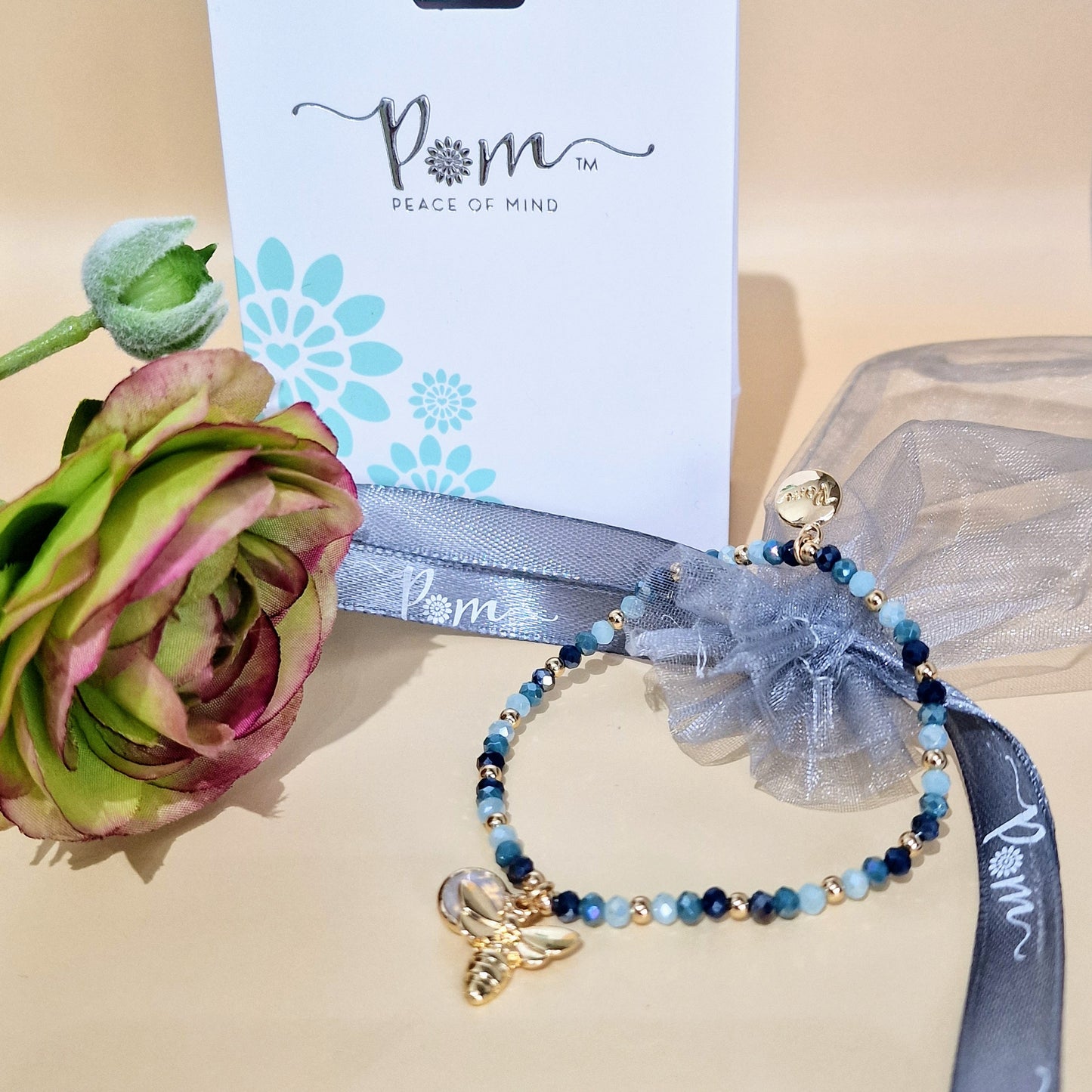 Denim Blue Crystal Beaded Stretch Bracelet Bee Charm by POM