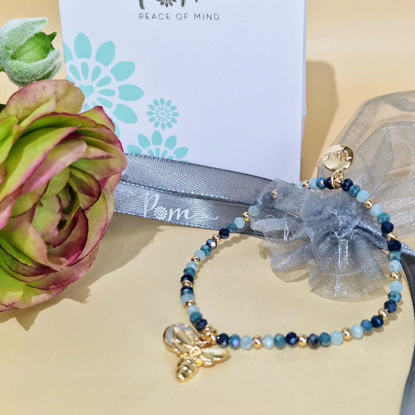 Denim Blue Crystal Beaded Stretch Bracelet Bee Charm by POM