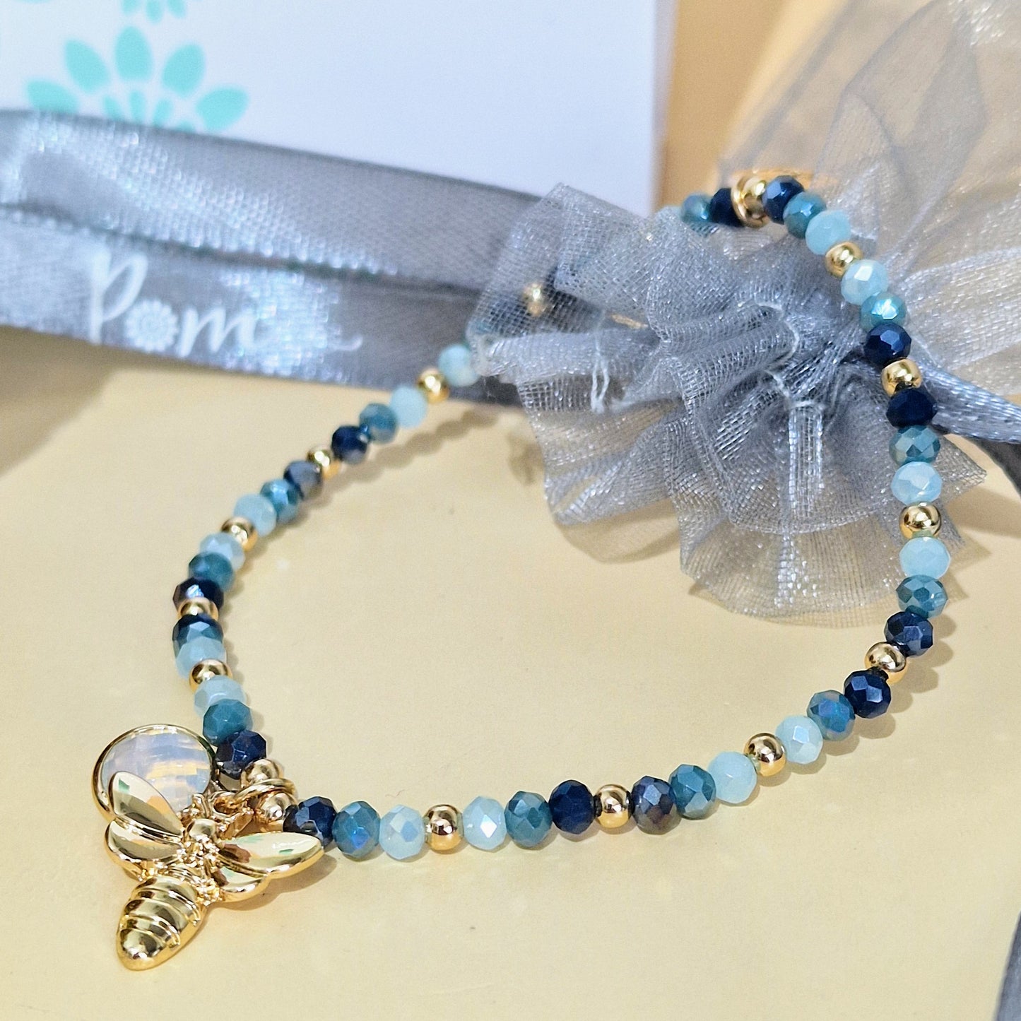 Denim Blue Crystal Beaded Stretch Bracelet Bee Charm by POM