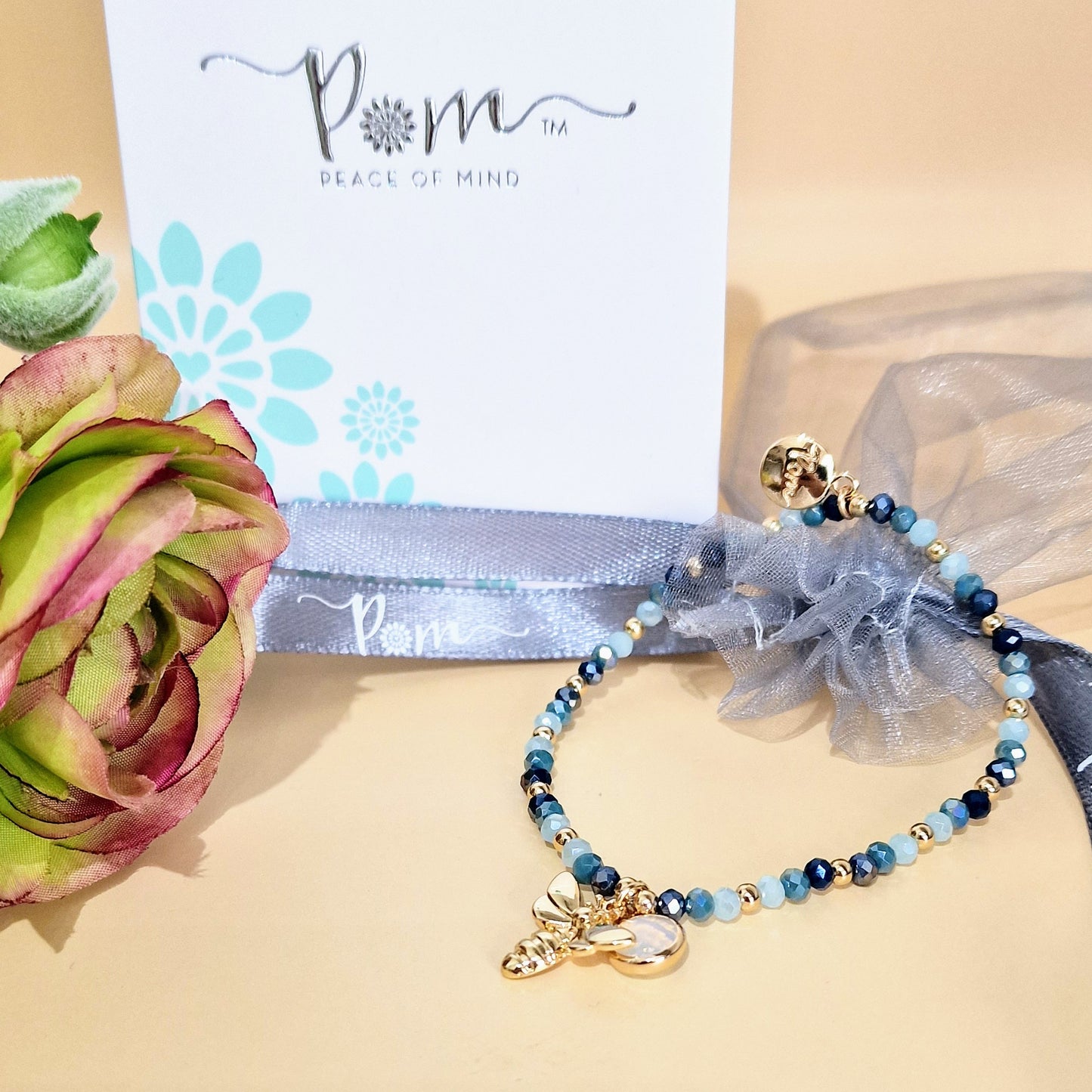Denim Blue Crystal Beaded Stretch Bracelet Bee Charm by POM