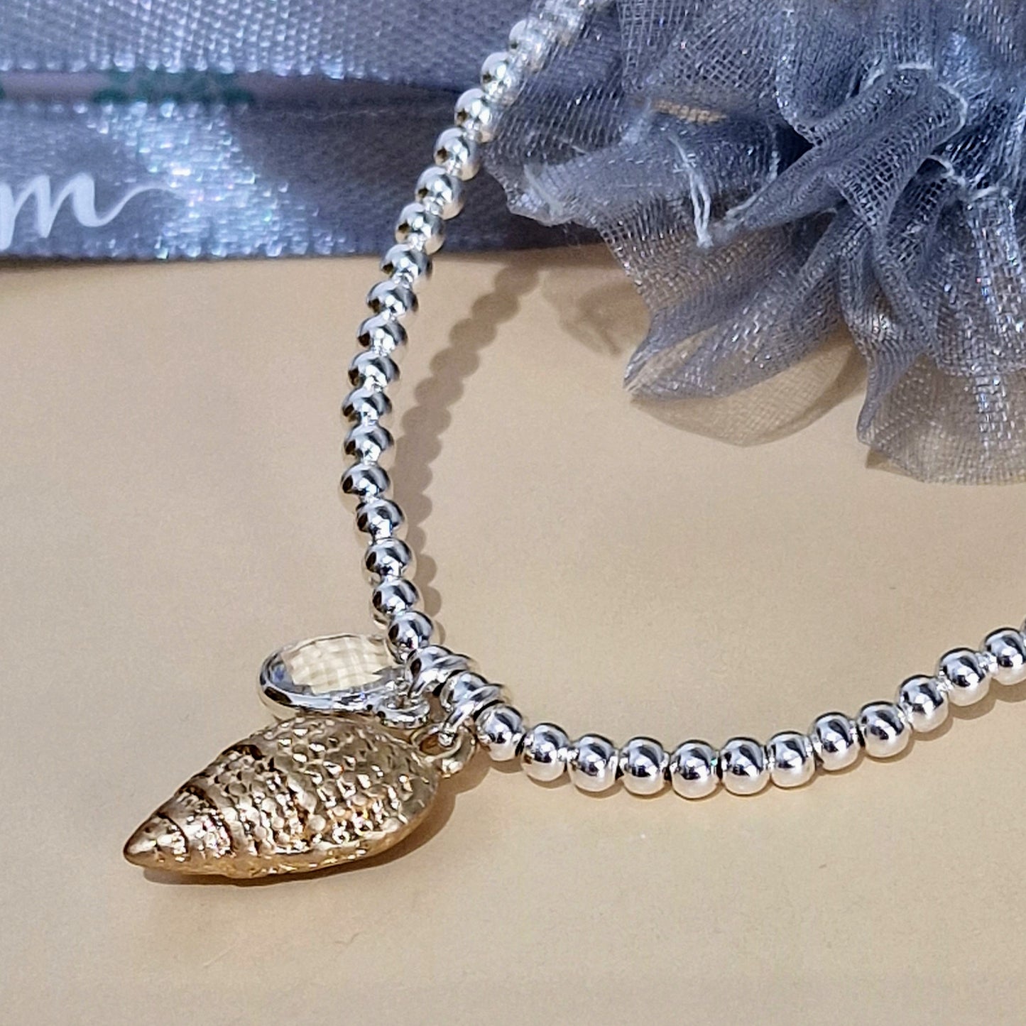 Delicate Shell & Crystal Stretch Charm Bracelet