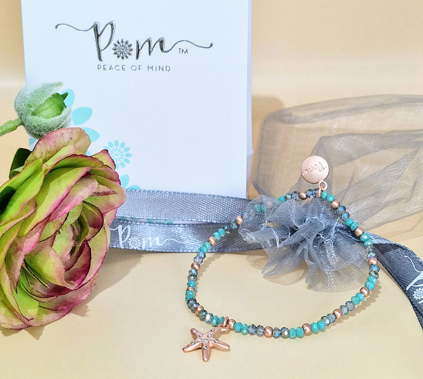 Turquoise Bead with Starfish Charm Rose Gold Stretch Bracelet