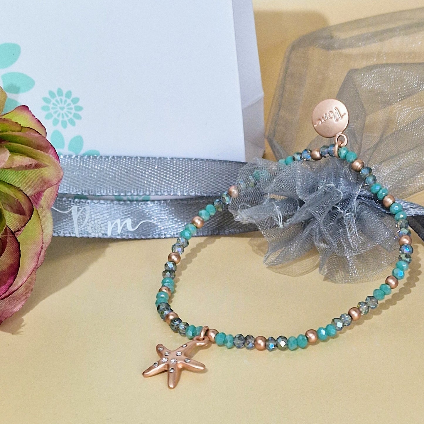 Turquoise Bead with Starfish Charm Rose Gold Stretch Bracelet