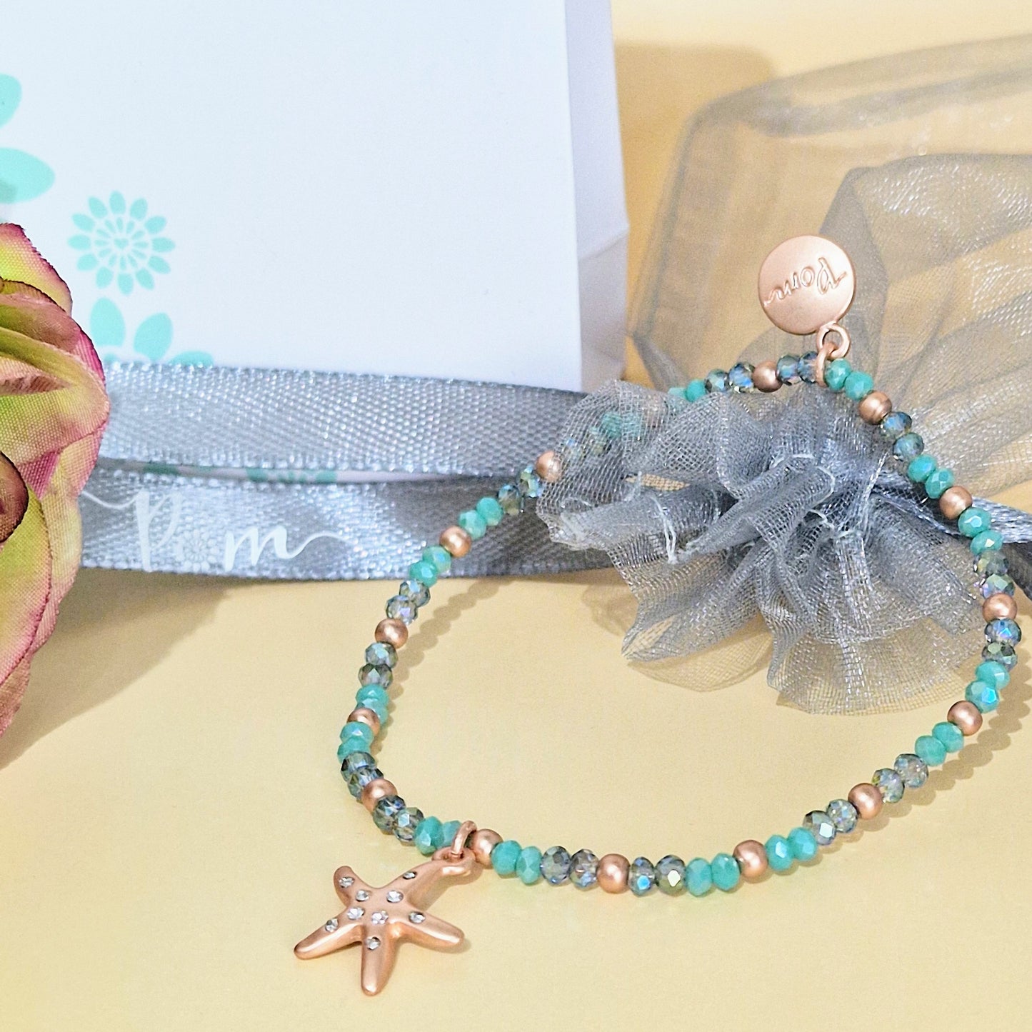 Turquoise Bead with Starfish Charm Rose Gold Stretch Bracelet