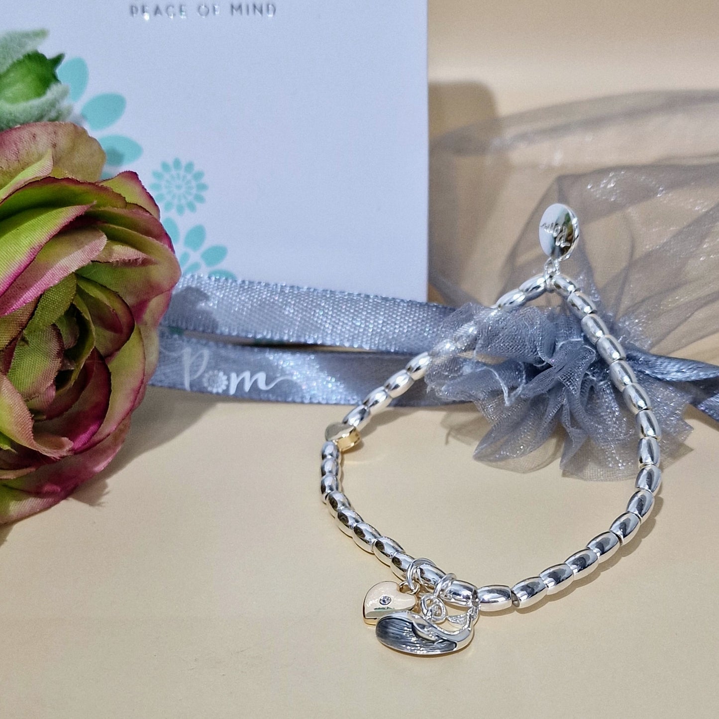 Whale & Heart Crystal Charm Beaded Stretch Bracelet