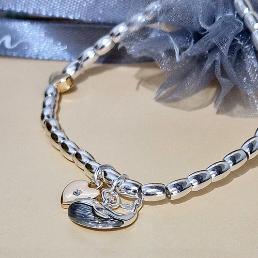 Whale & Heart Crystal Charm Beaded Stretch Bracelet