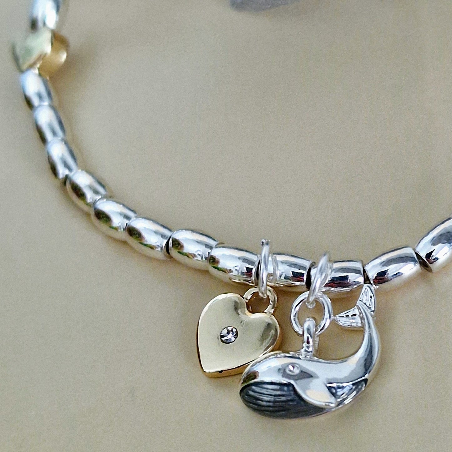 Whale & Heart Crystal Charm Beaded Stretch Bracelet