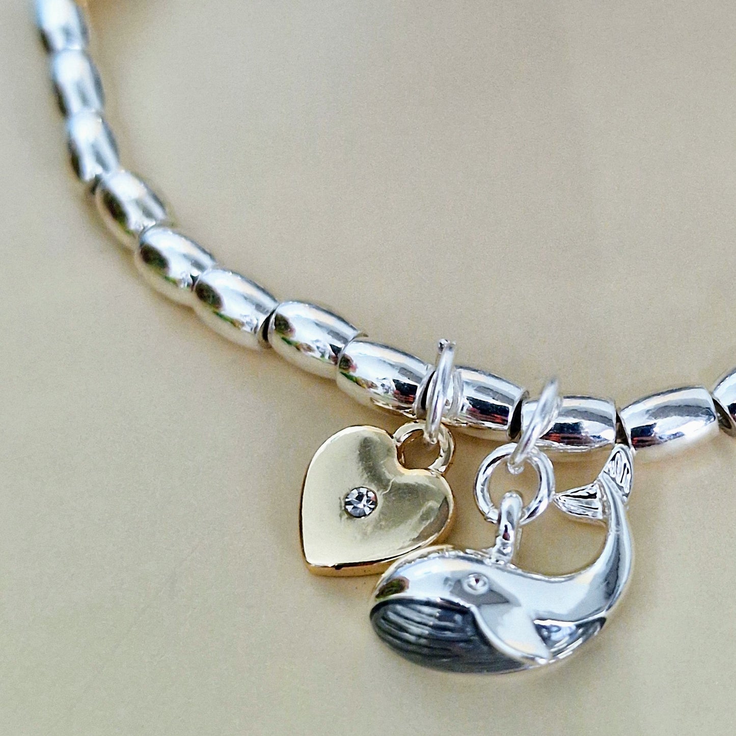 Whale & Heart Crystal Charm Beaded Stretch Bracelet