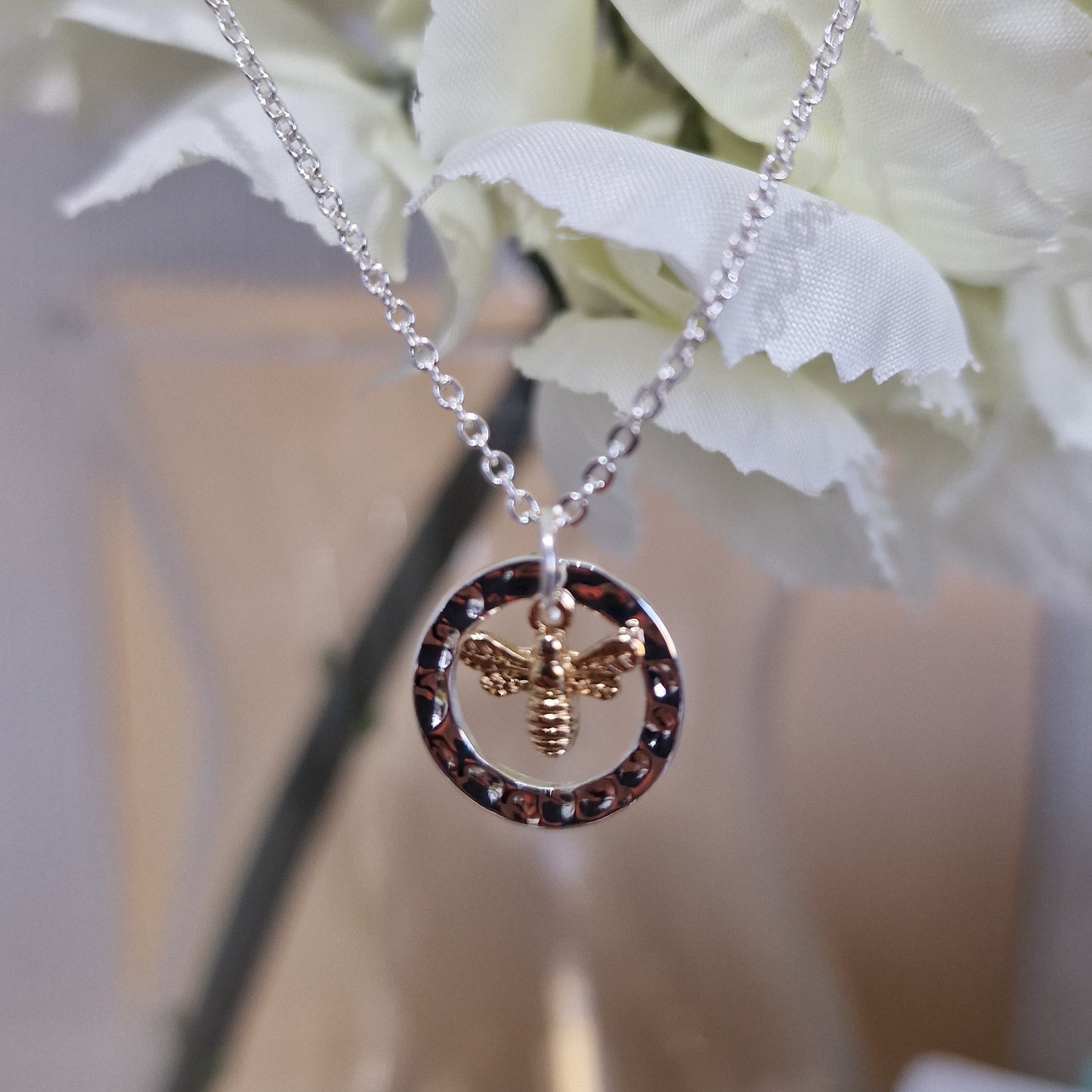 Silver Plated Disc with Gold Bumble Bee Necklace by POM