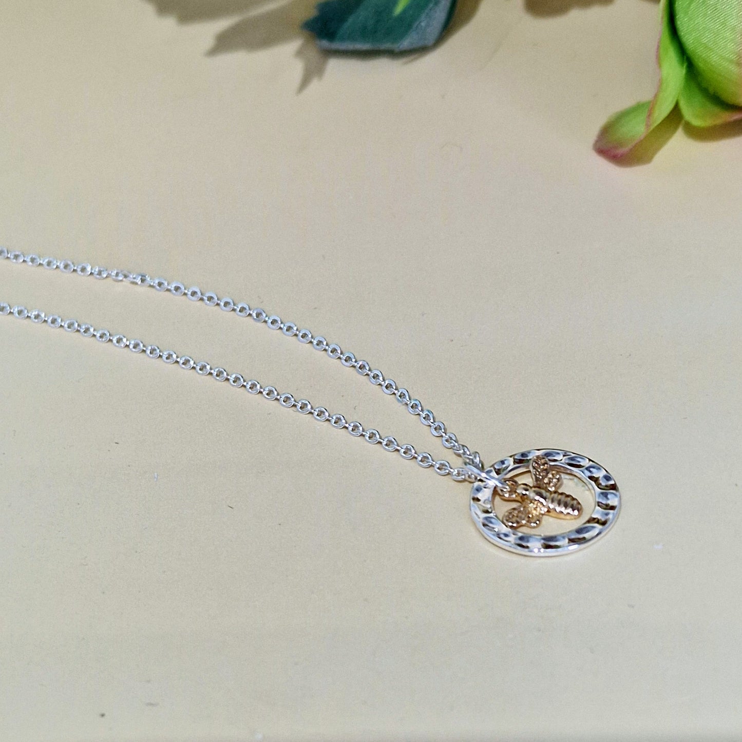 Silver Plated Disc with Gold Bumble Bee Necklace by POM