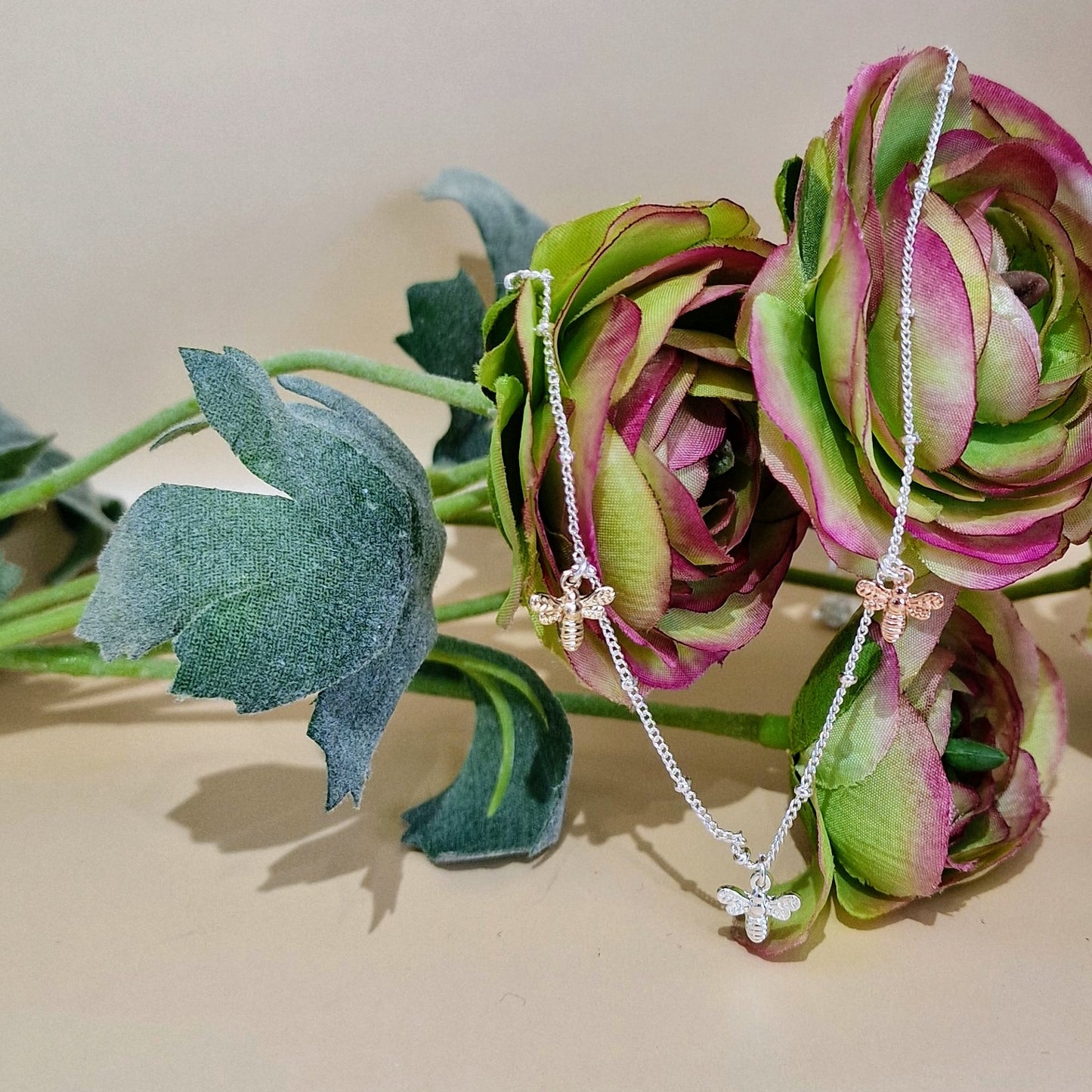 Delicate Trio of Bees on Silver Plated Necklace