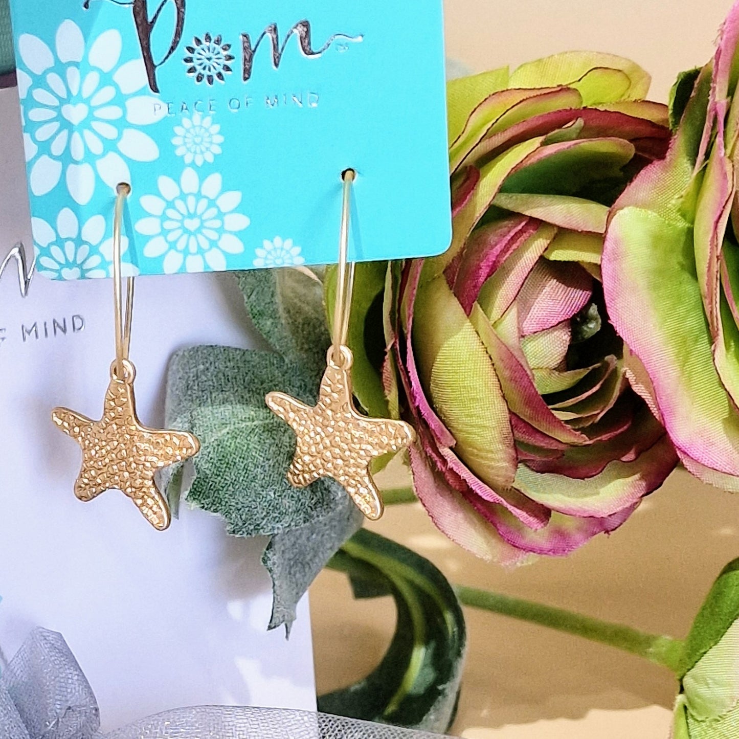Beautiful Textured Gold Starfish Hoop Earrings by POM