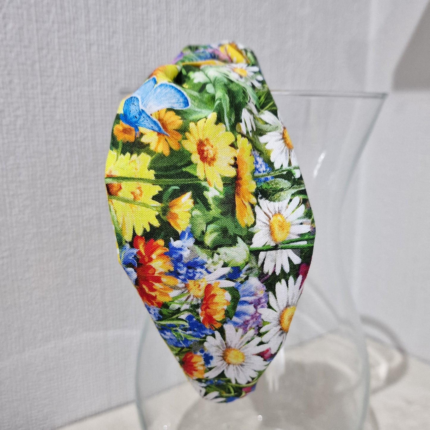 Spring Flowers Daisies Butterflies Bluebells Cotton Fabric Headband Hairband Knot Twist