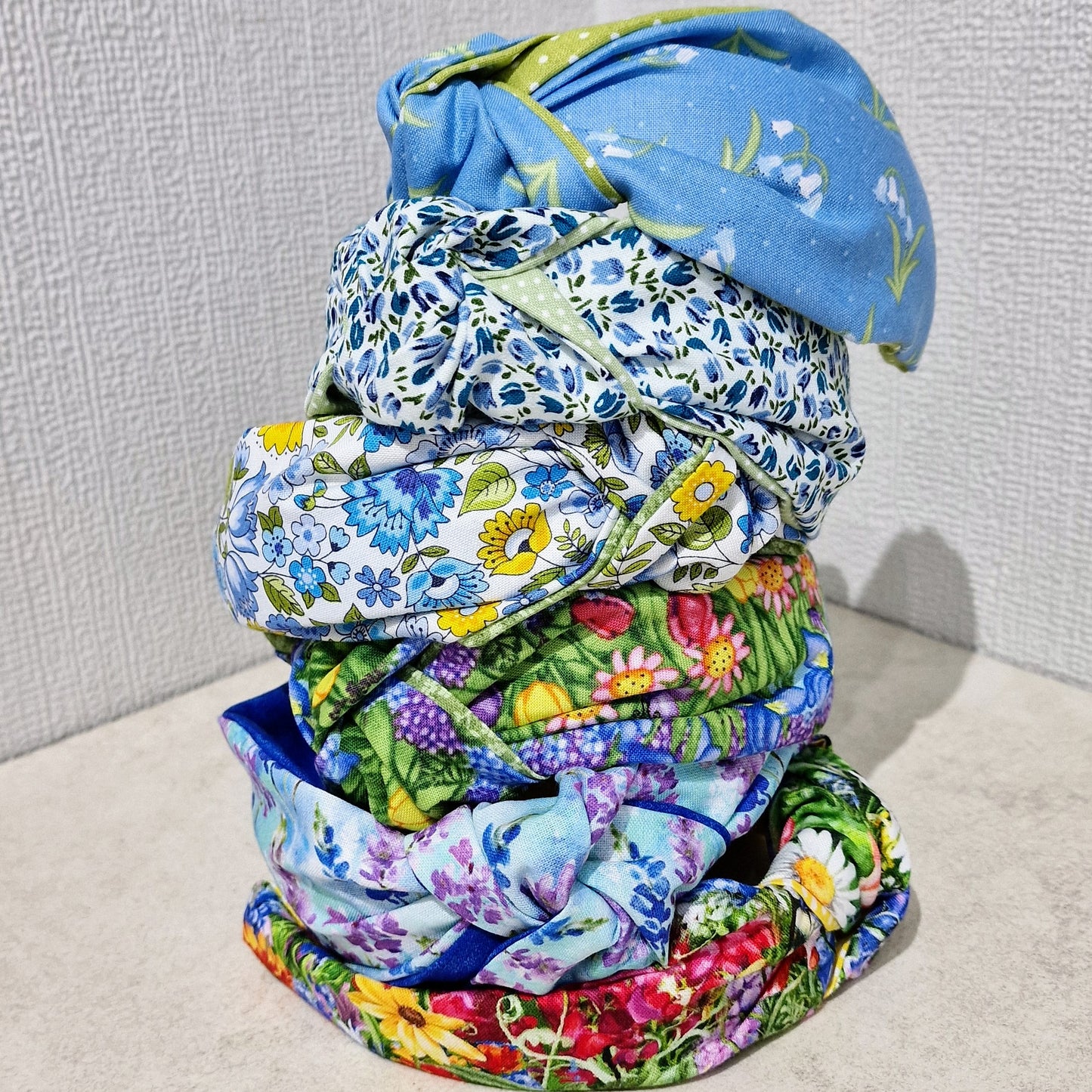 Spring Flowers Yellow & Bluebells Cotton Fabric Headband Hairband Knot Twist