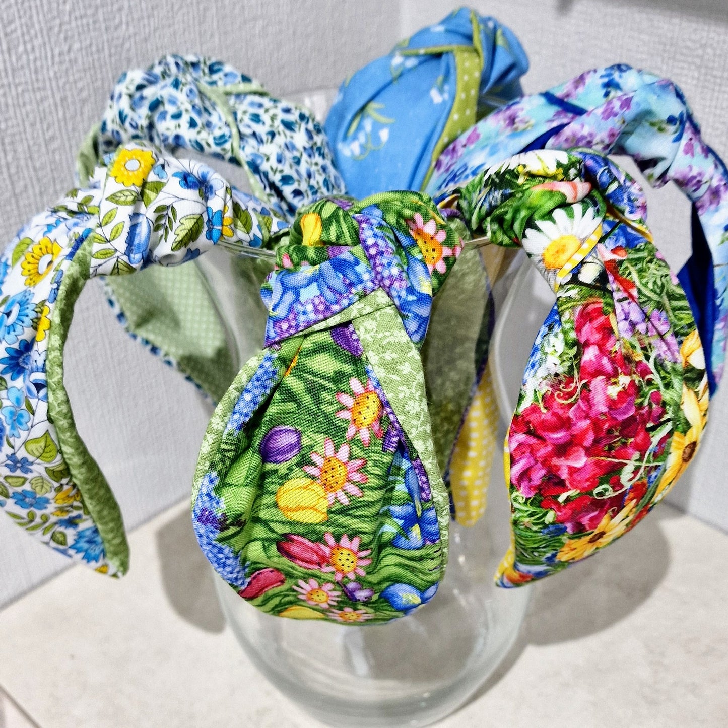 Spring Flowers Yellow & Bluebells Cotton Fabric Headband Hairband Knot Twist