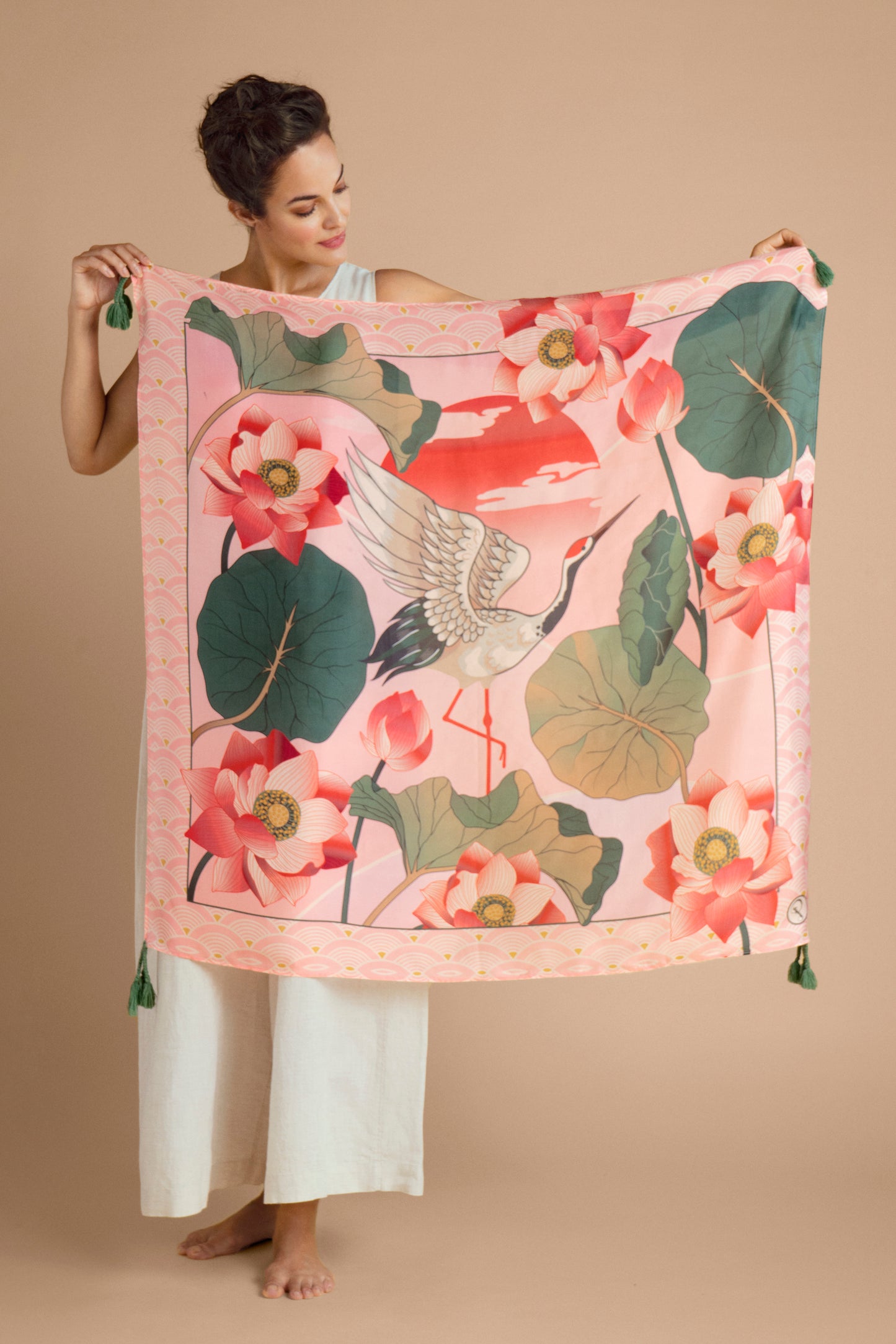 100% Silk Crane at Sunrise in Petal Scarf