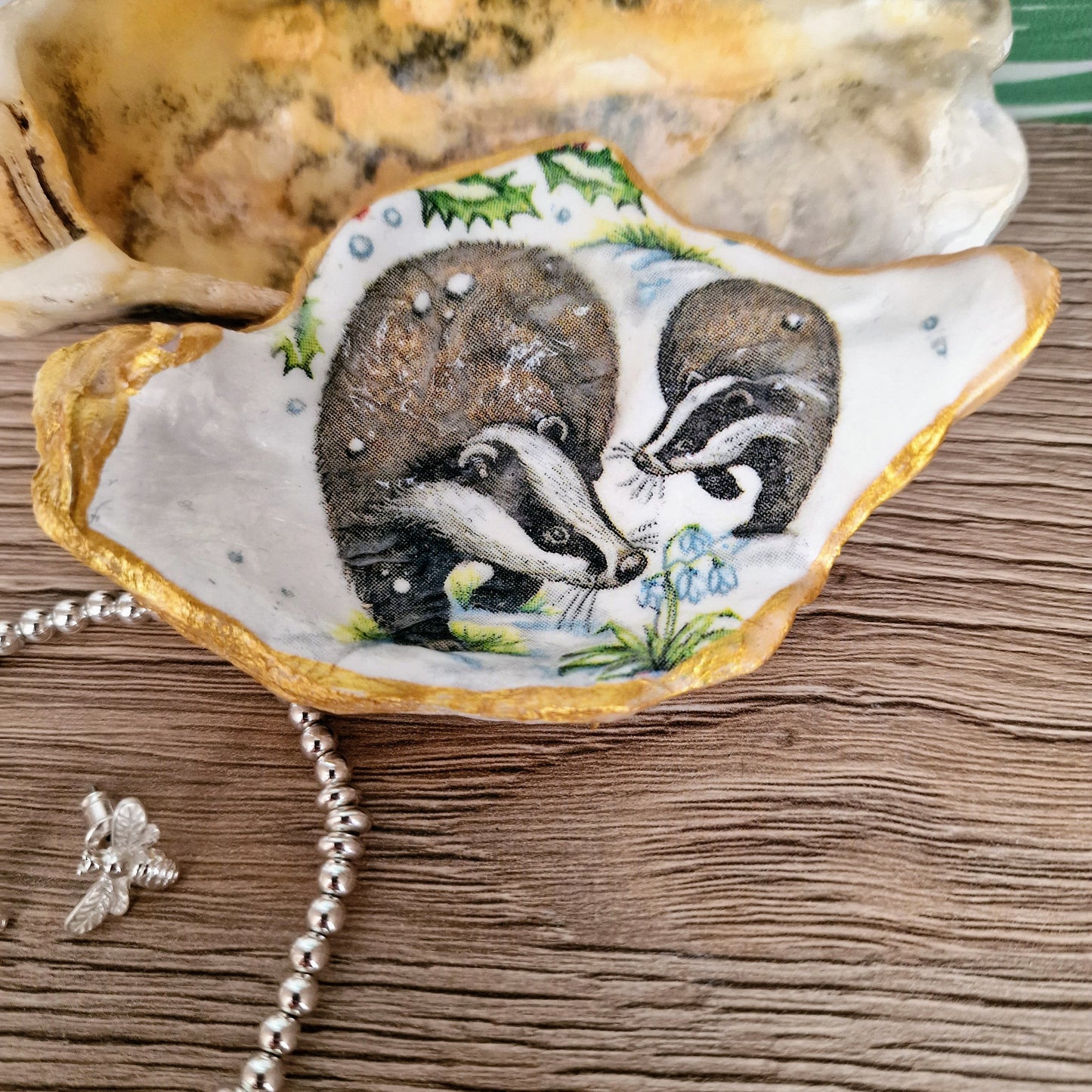 Winter Badgers Wildlife Oyster Shell Trinket Dish
