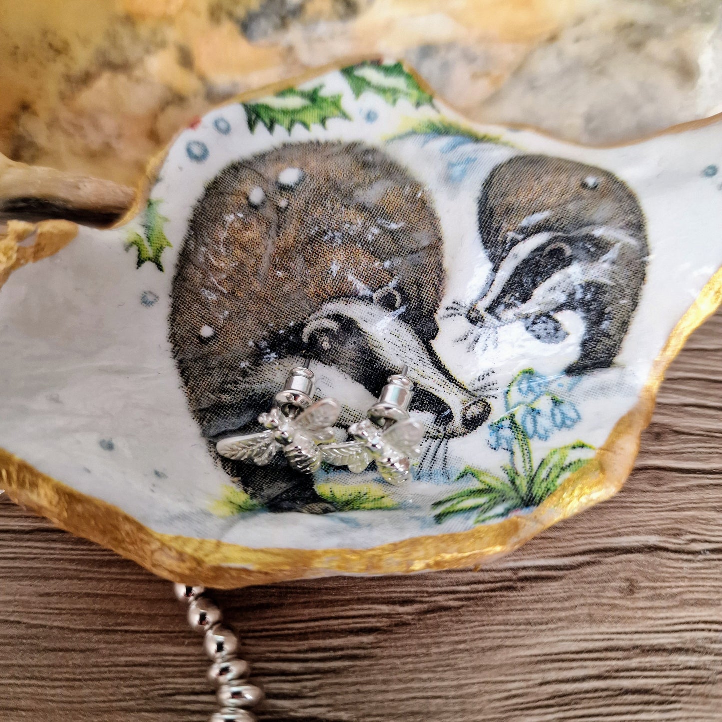 Winter Badgers Wildlife Oyster Shell Trinket Dish