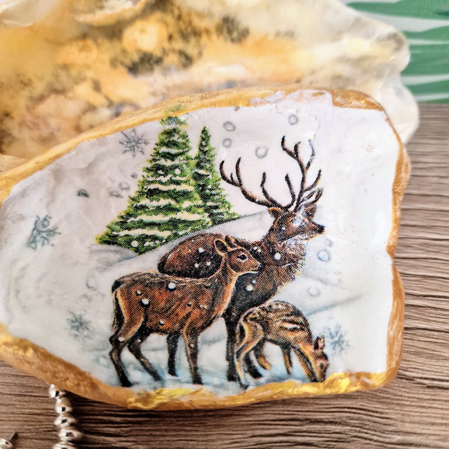 Winter Deer Stag Oyster Shell Trinket Dish