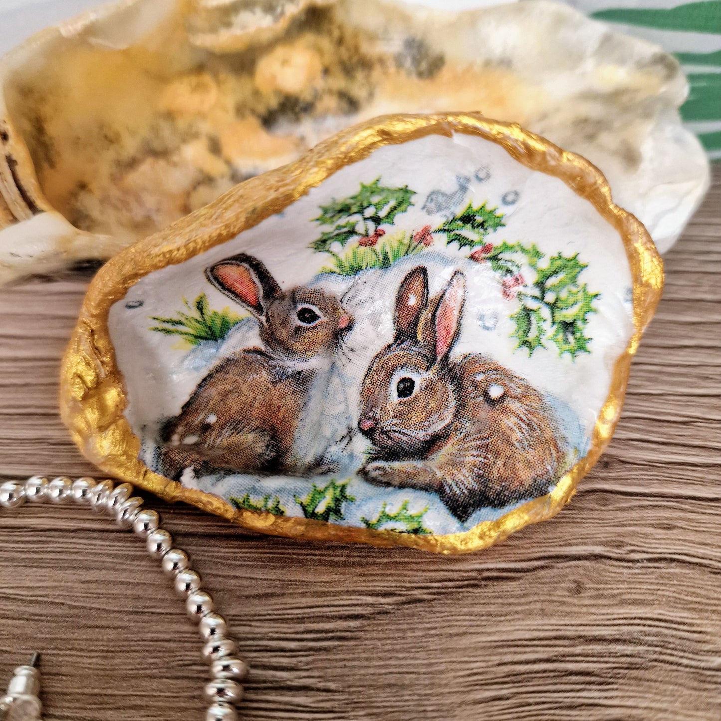 Winter Bunny Rabbits Wildlife Oyster Shell Trinket Dish