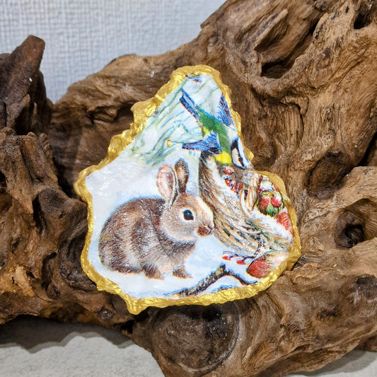 Snow Bunny Woodland Animals Decorated Oyster Shell