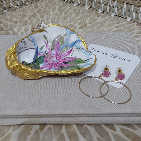 NEW Hummingbird Pink Flower Oyster Shell Trinket Dish Gift