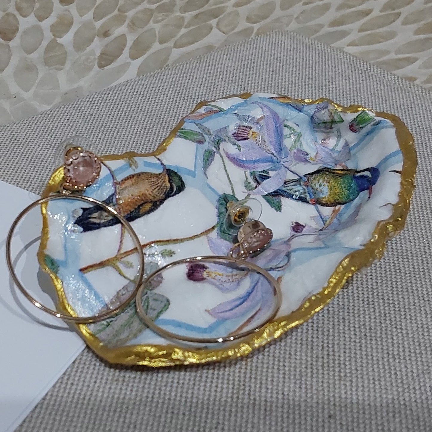NEW Hummingbird Lilac Flower Oyster Shell Trinket Dish Gift