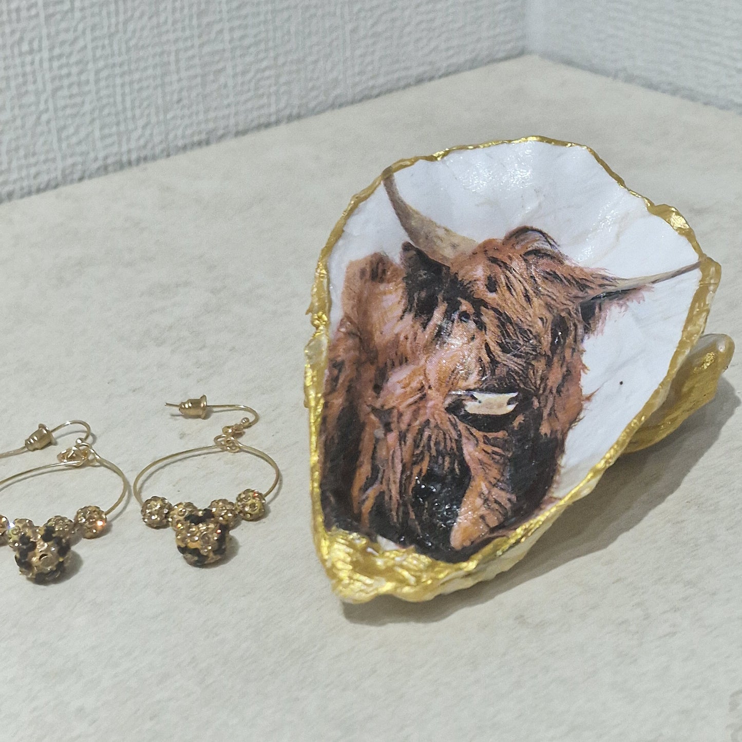 NEW Highland Cow Scotland Oyster Shell Trinket Dish Jewellery Holder Gift