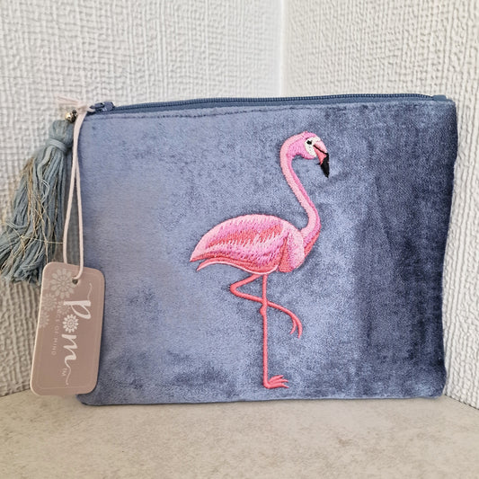 Flamingo Velvet Smoky Blue Pouch Make Up Bag by POM