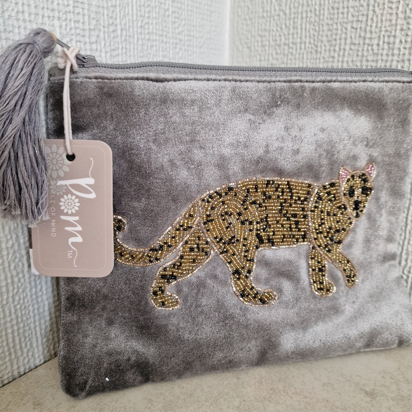 Leopard Velvet Silver Grey Pouch Make Up Bag by POM