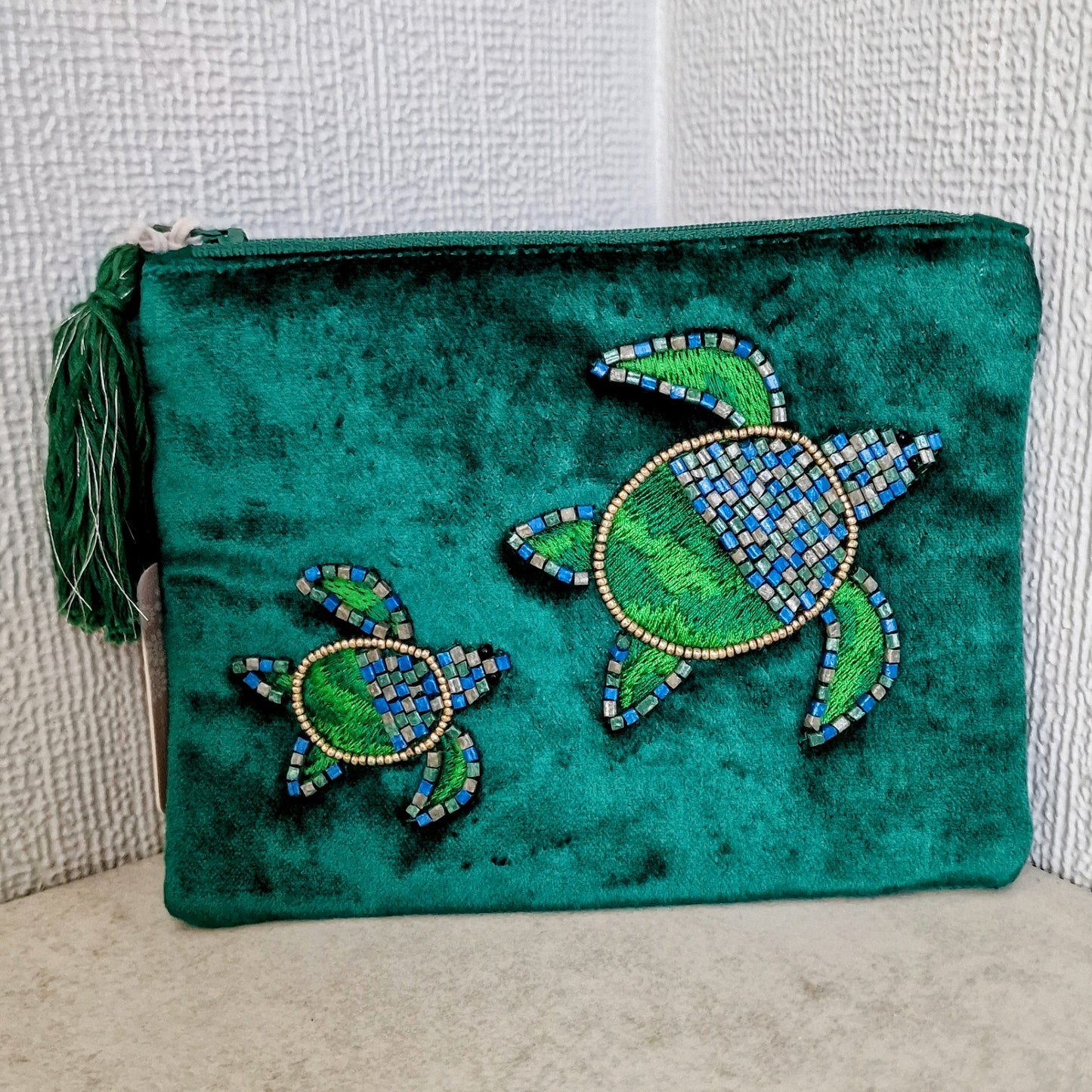 Turtles Velvet Emerald Green Pouch Make Up Bag by POM