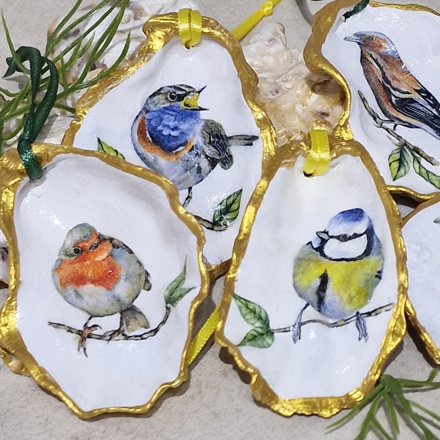 Garden Birds Oyster Shell Hanging Ornaments Decorations Gift Easter Tree - Set of 6