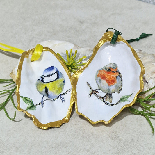 Robin & Blue Tit Birds Oyster Shell Hanging Ornaments Decorations Gift Easter Tree - Set of 2