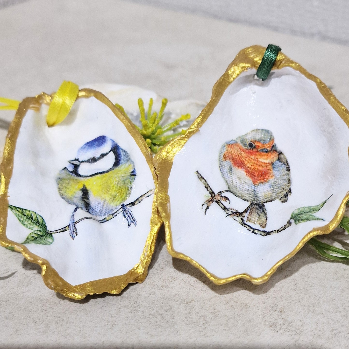 Robin & Blue Tit Birds Oyster Shell Hanging Ornaments Decorations Gift Easter Tree - Set of 2
