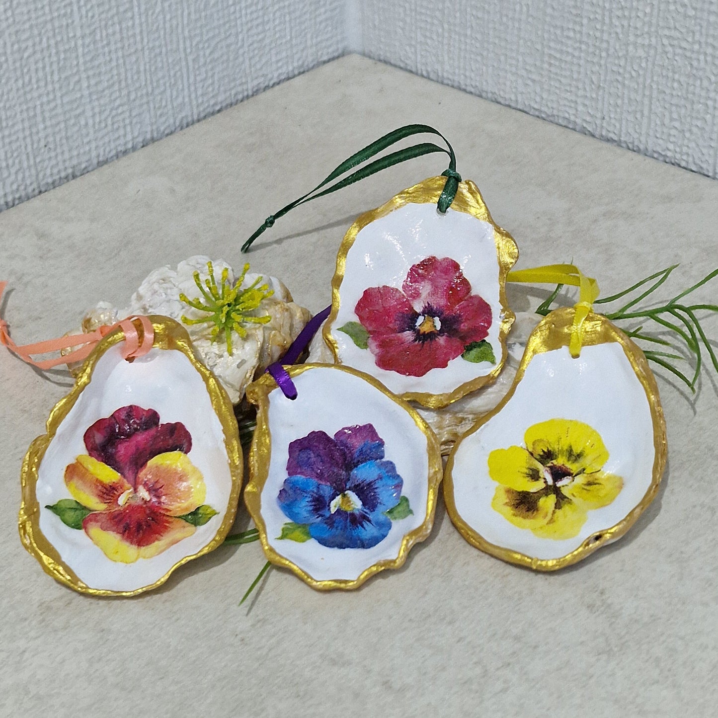 Pansy Flowers Oyster Shell Hanging Ornaments Decorations Gift Easter Tree - Set of 4