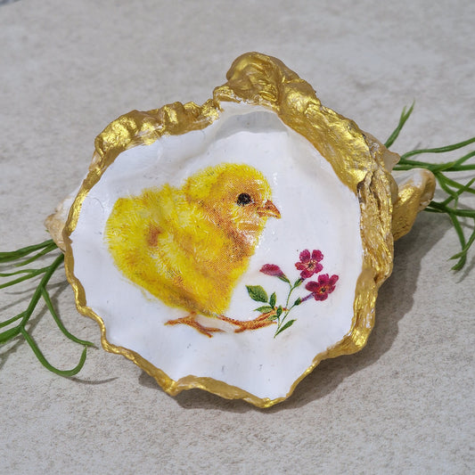 Yellow Easter Chick Oyster Shell Trinket Dish Gift Jewellery Holder