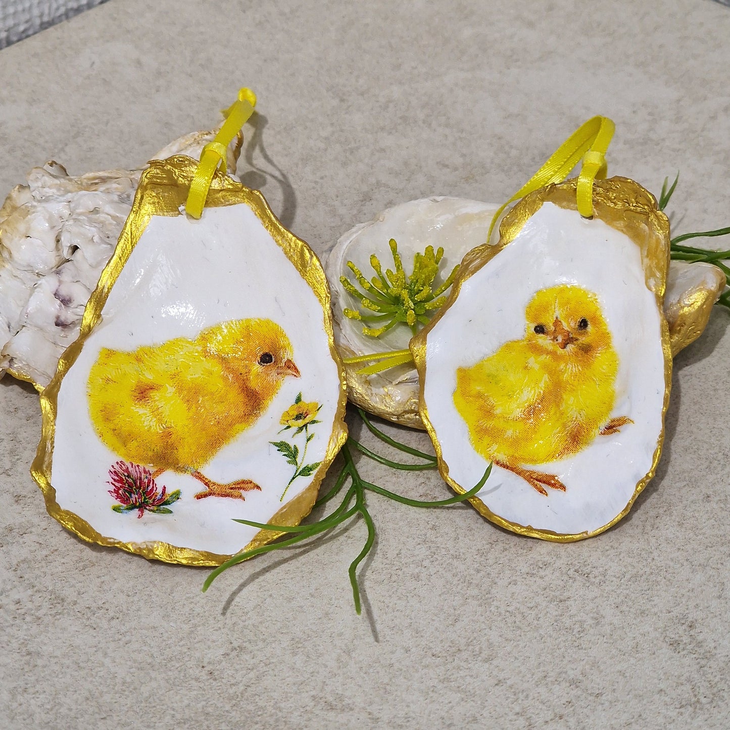 Yellow Easter Chicks Oyster Shell Hanging Ornaments Decorations Gift Tree - Set of 2