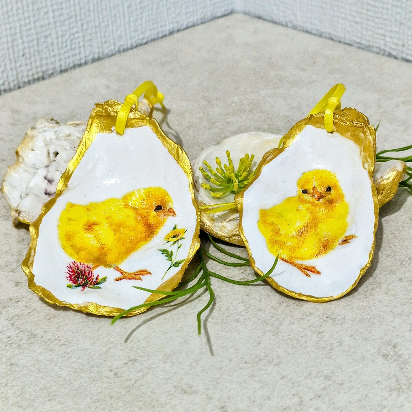 Yellow Easter Chicks Oyster Shell Hanging Ornaments Decorations Gift Tree - Set of 2