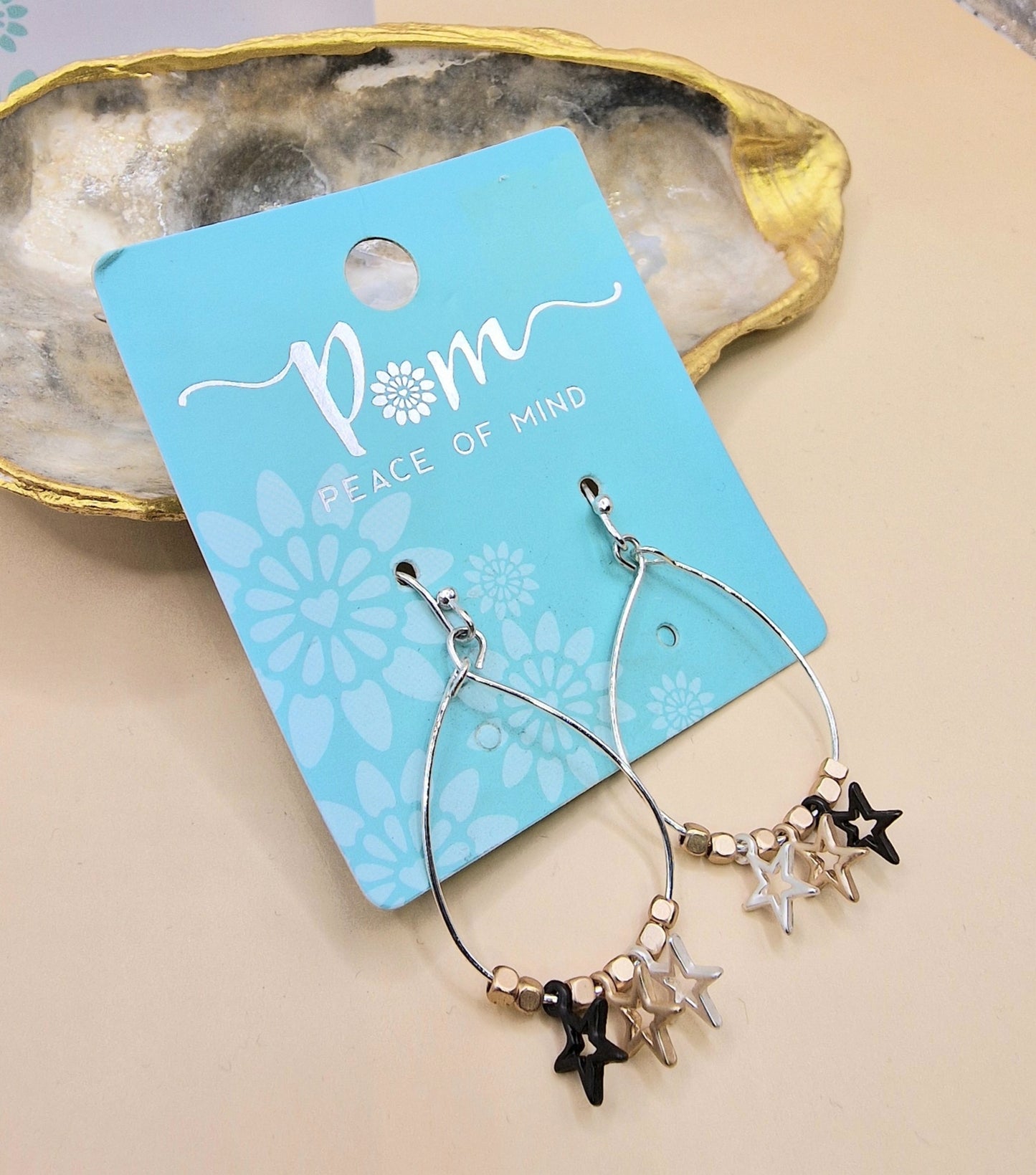 POM Silver Gold Black Star Charm Drop Earrings Pierced Hoops