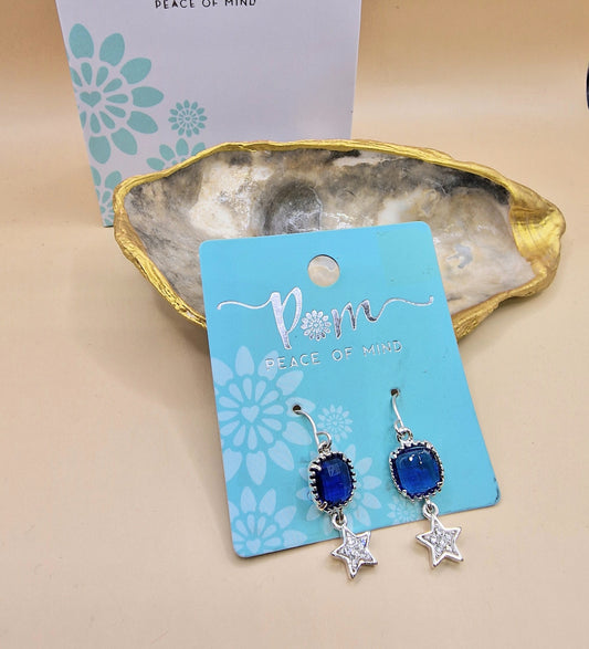 POM Silver Blue Drop Star Crystal Earrings Pierced Charm