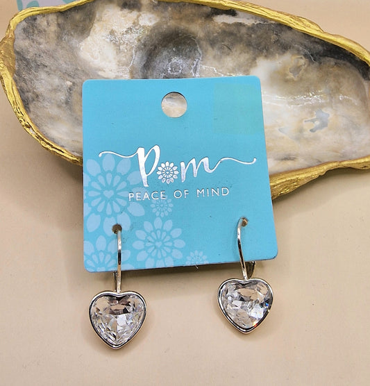 POM Silver Drop Heart Crystal Earrings Pierced Charm Sparkly