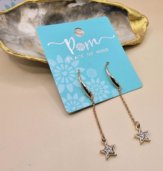 POM Gold Star Drop Crystal Earrings Pierced Charm Stunning