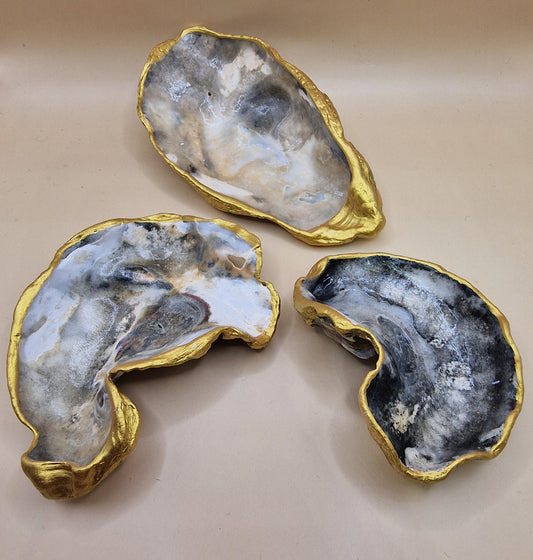 Natural Grey Beige Oyster Shells x 3 Jewellery Trinket Dishes New Gold Edges