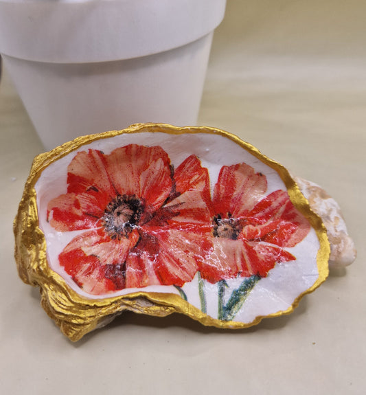 BMO-004 - Poppy Duo Flowers Oyster Shell Trinket Dish