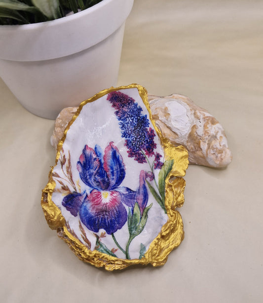 BMO-007  Iris Blue Flower Special Oyster Shell Trinket Dish